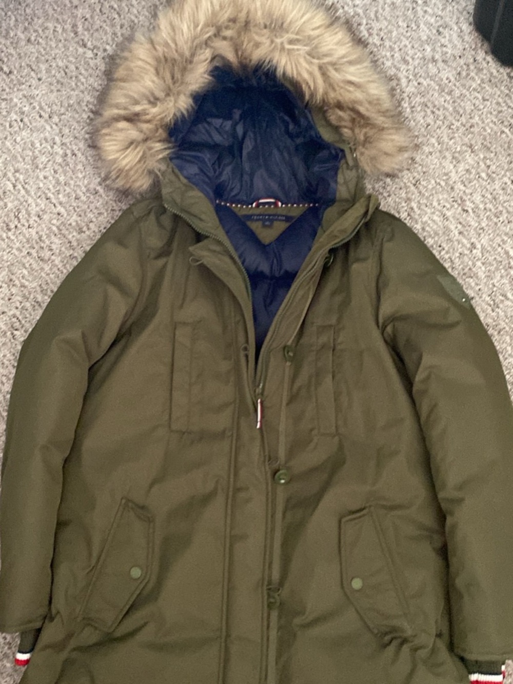 Tommy Hilfiger Olive Green Parka with Faux Fur-Trimmed Hood
